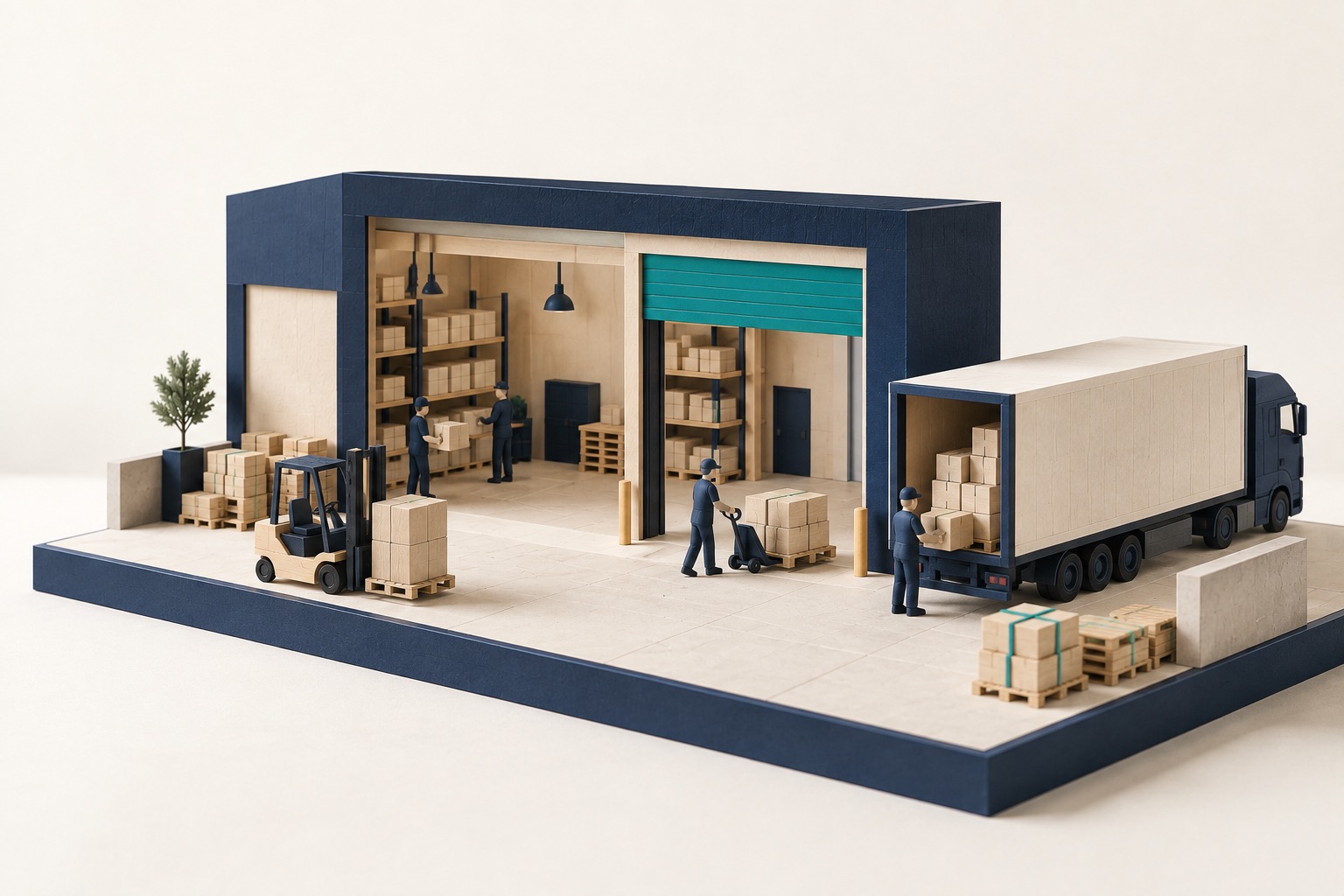 Handmade model of a warehouse loading bay with a truck at the dock