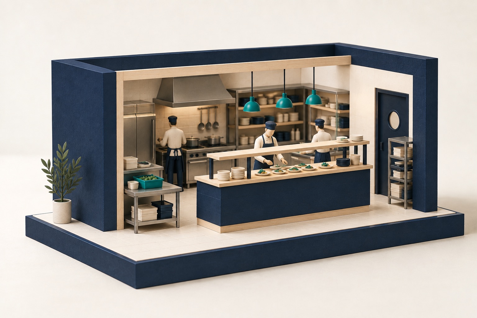 Handmade model of a restaurant kitchen pass with chefs plating under teal pendant lights