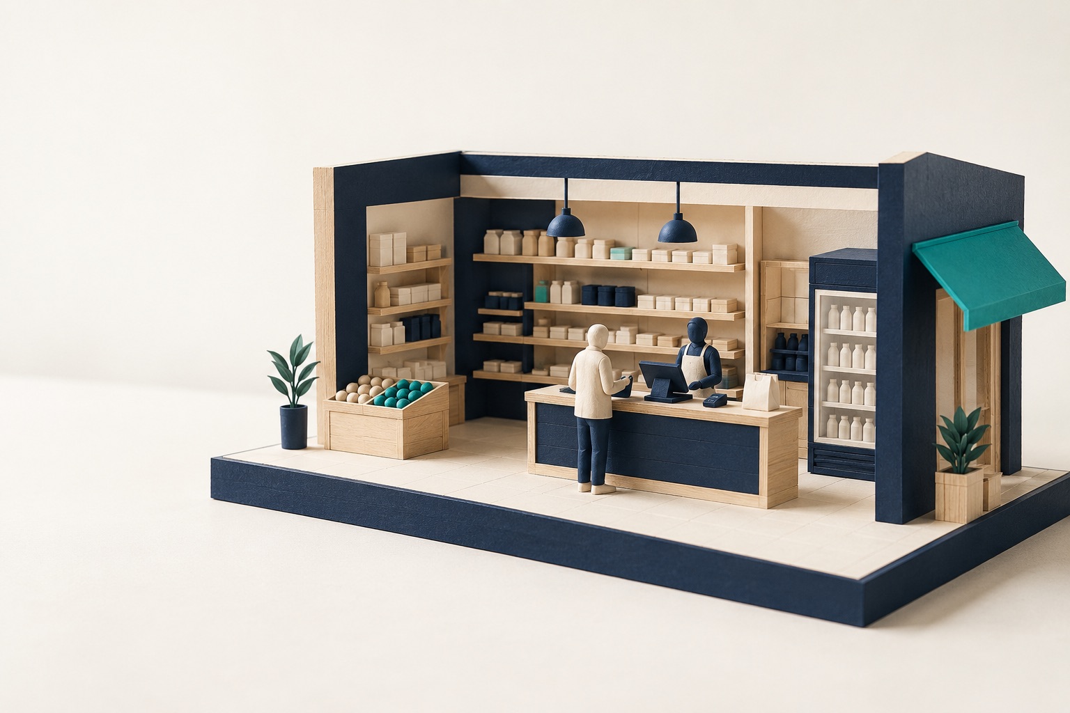 Handmade model of a corner shop counter, navy shell and teal awning